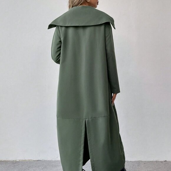 Army Green Casual Women's Solid Color Double Pocket Long Jacket - Picture 2 of 5